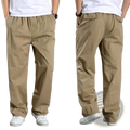 Khaki men cargo pants cotton relaxed fit utility trousers with elastic waistband and side pockets for casual wear