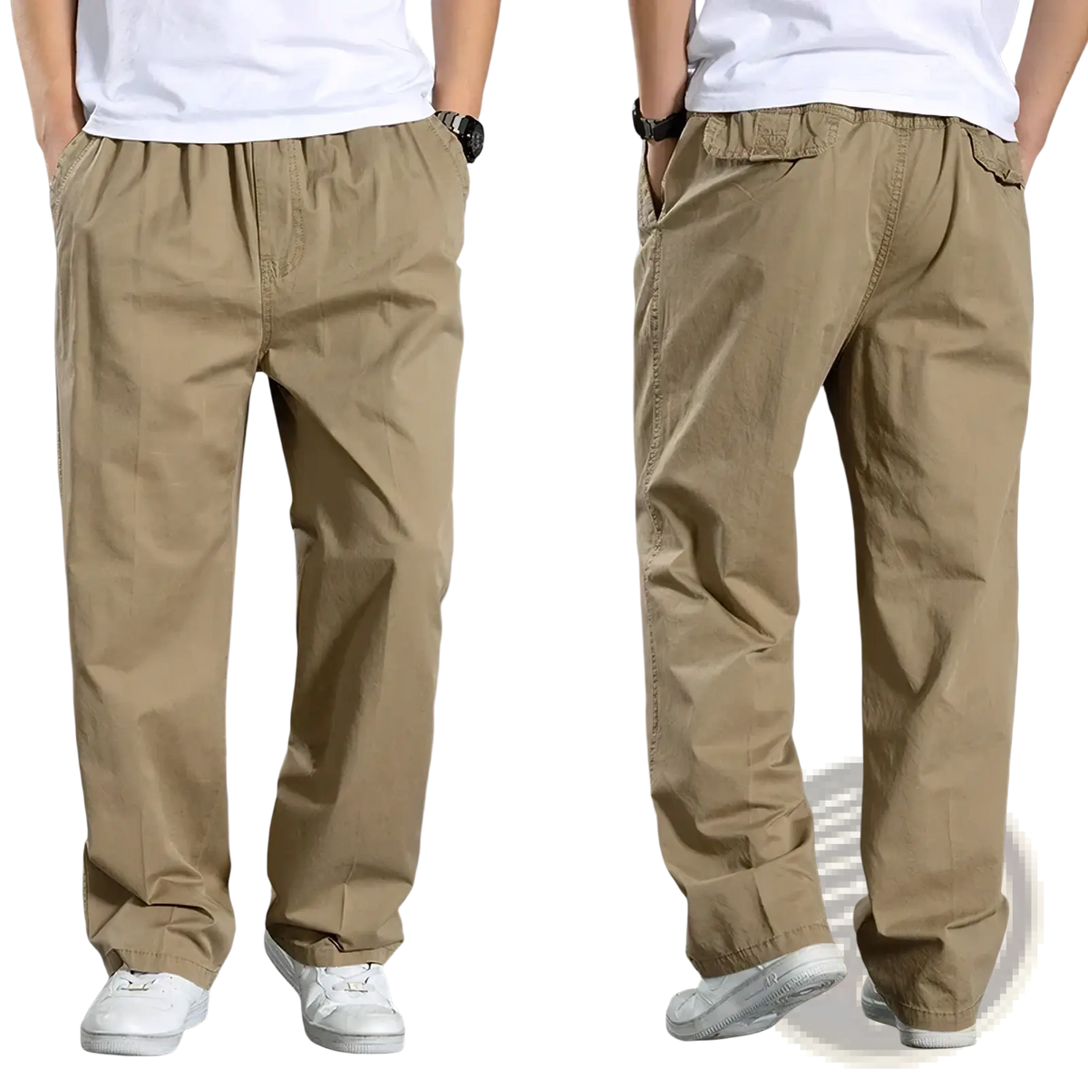 Khaki men cargo pants cotton relaxed fit utility trousers with elastic waistband and side pockets for casual wear