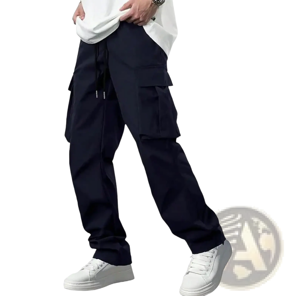 Men cargo pants loose straight black workwear trousers with multiple side pockets and a drawstring waistband