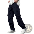 Men cargo pants loose straight black workwear trousers with multiple side pockets and a drawstring waistband