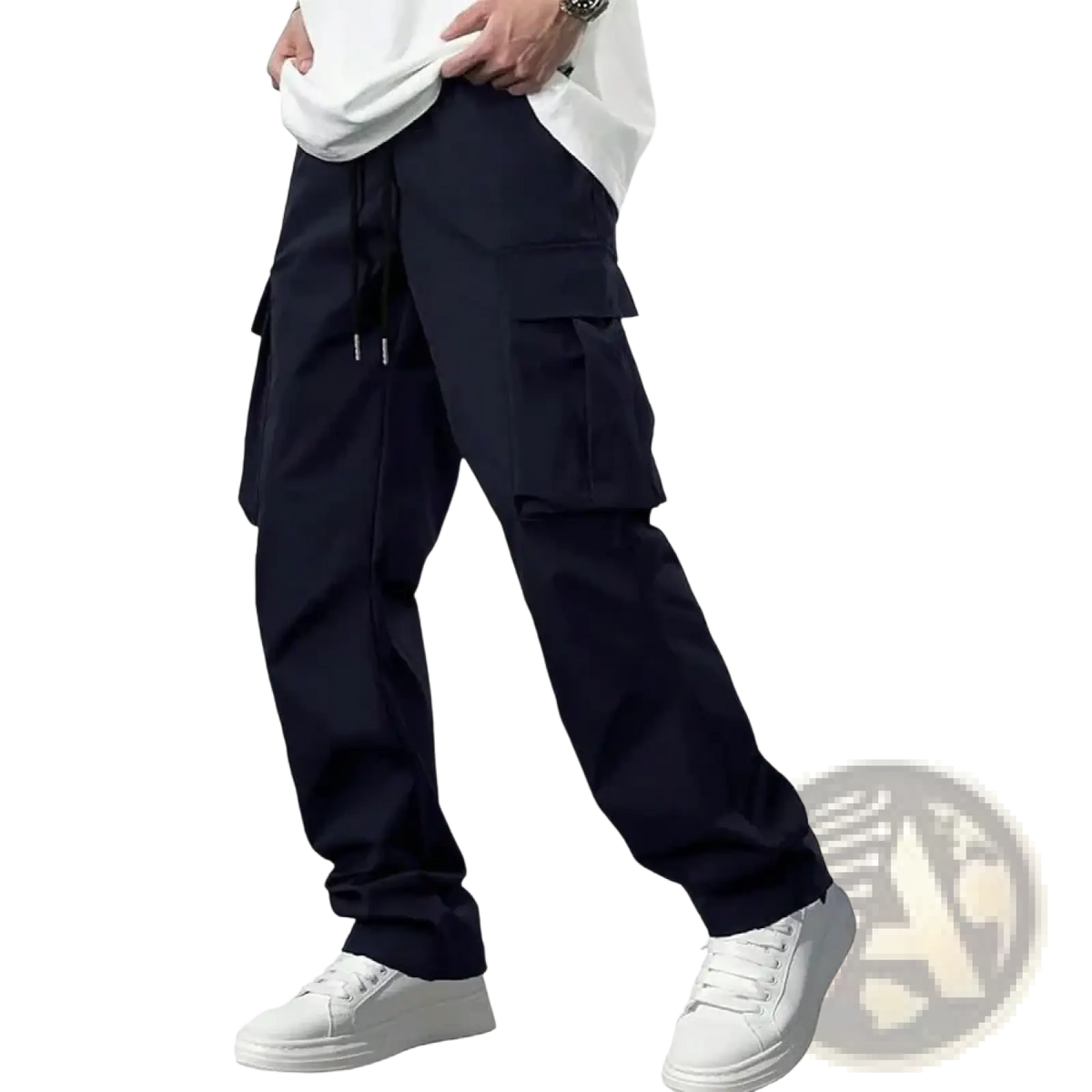 Men cargo pants loose straight black workwear trousers with multiple side pockets and a drawstring waistband