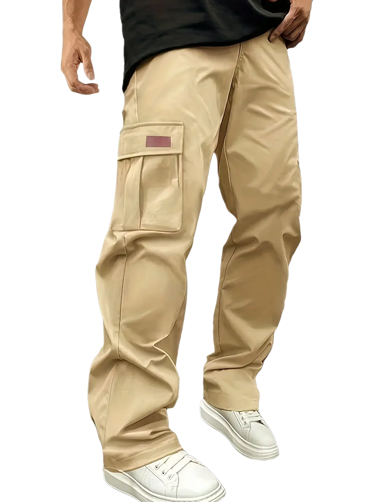 Beige men cargo pants with large side pocket and subtle pink label detail loose straight workwear trousers