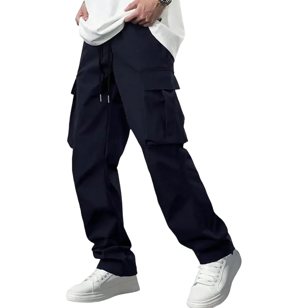 Men cargo pants loose straight black workwear trousers with multiple side pockets and a drawstring waistband