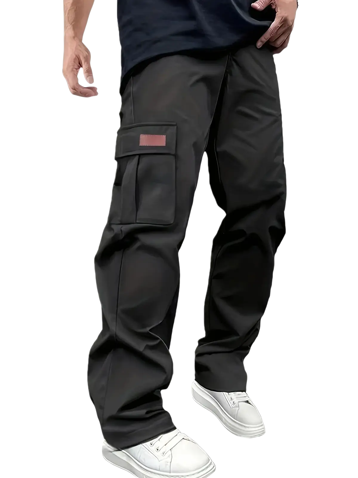 Men cargo pants loose straight workwear trousers in black with a large side pocket and a red rectangular patch