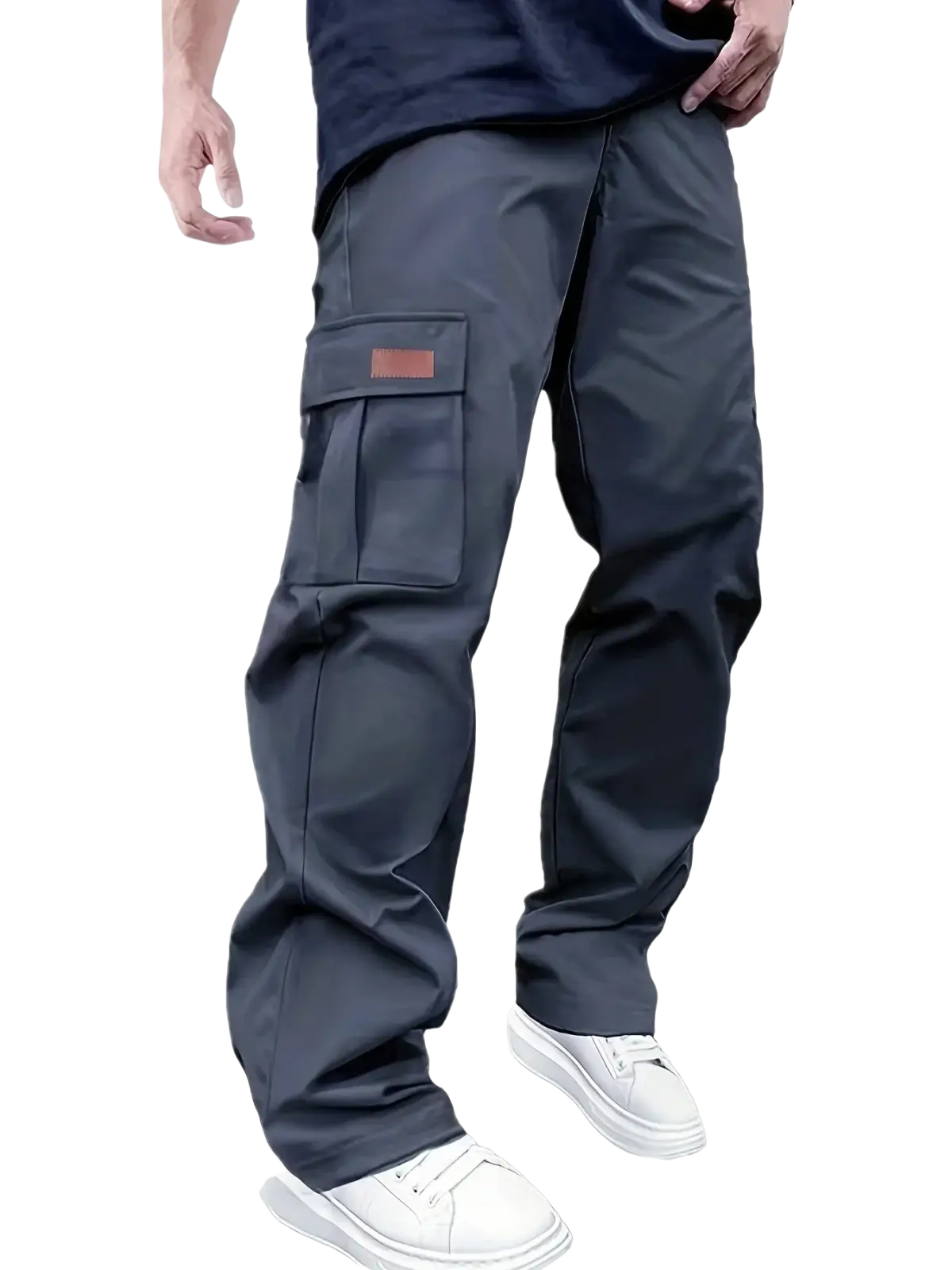 Dark gray men cargo pants with large side pocket and brown patch on upper left thigh for loose workwear use