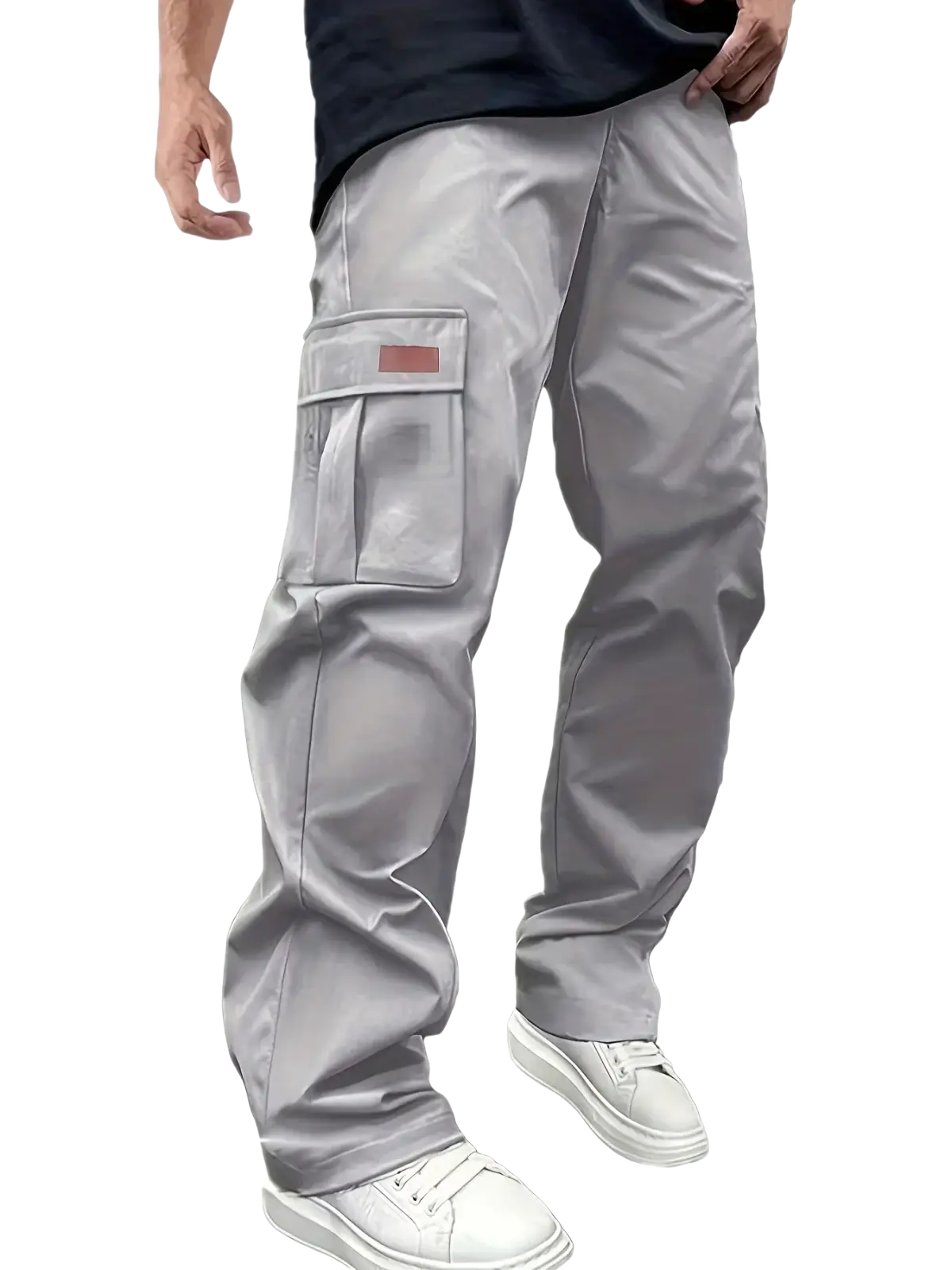 Men cargo pants loose straight workwear trousers in gray with a large side pocket, red patch, and reinforced stitching