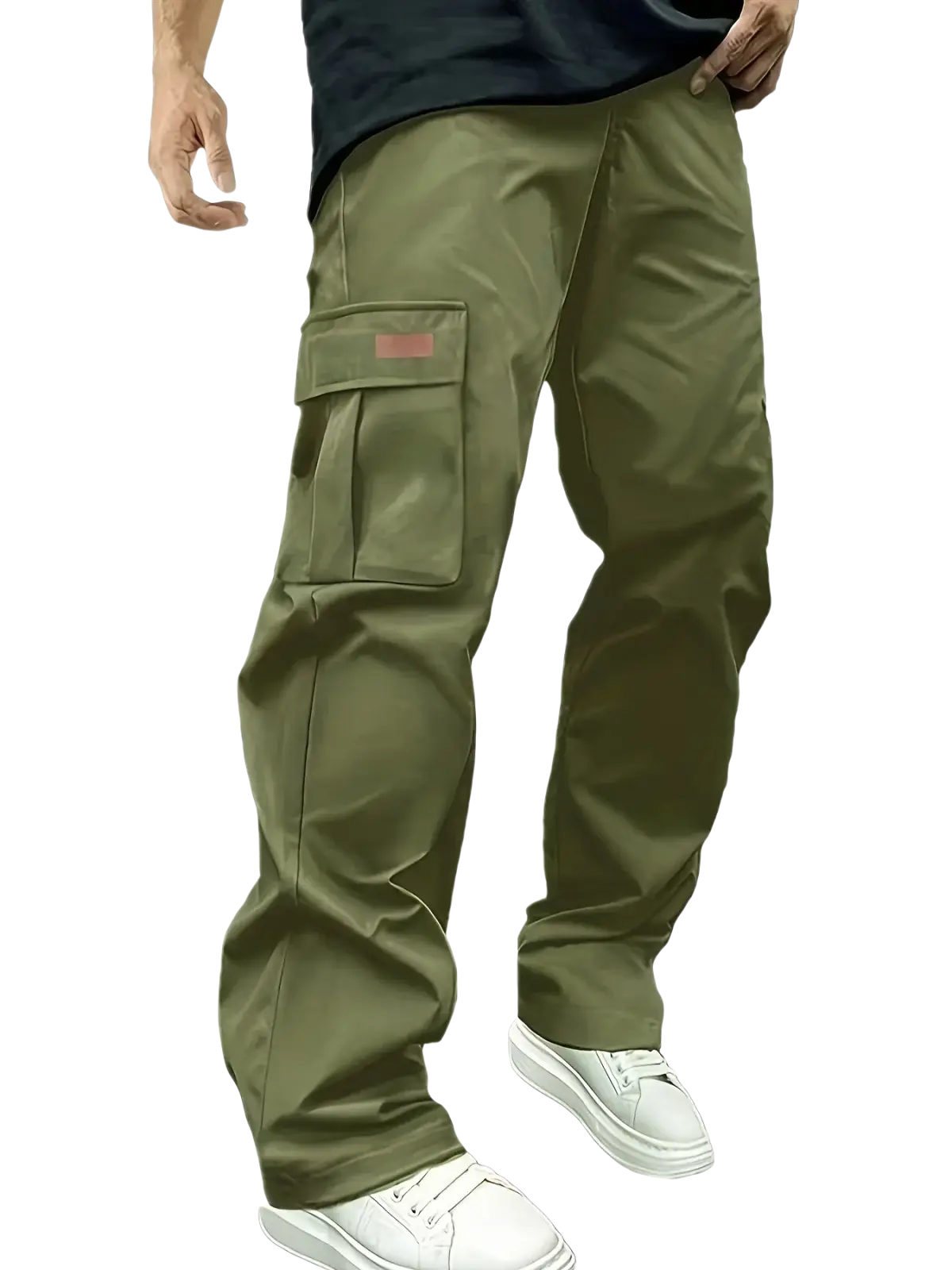 Men cargo pants loose straight workwear trousers in olive green durable fabric with multiple pockets and red label detail