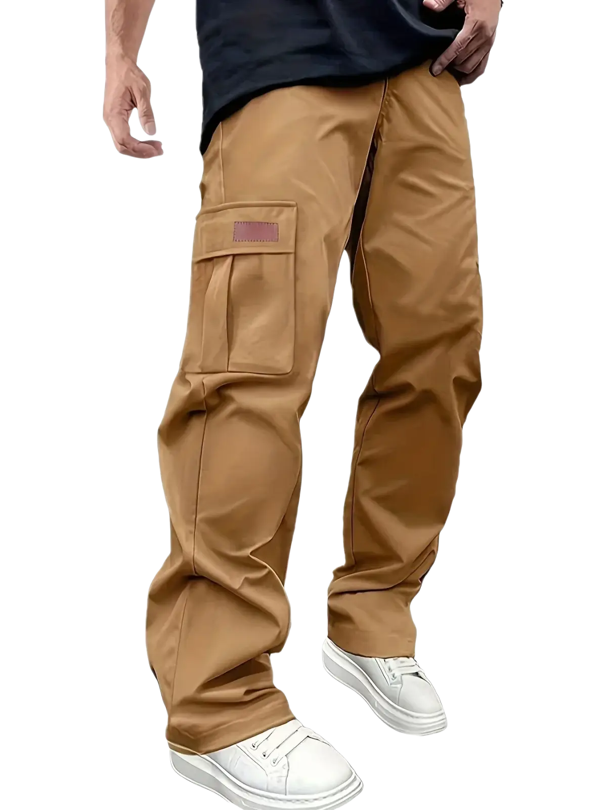 Men cargo pants loose straight workwear trousers in tan with multiple pockets and durable fabric finish