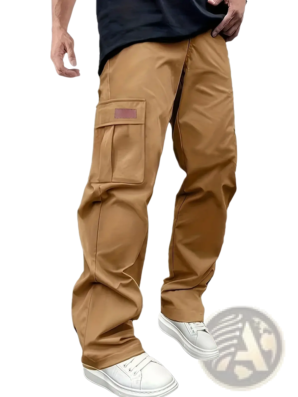 Men cargo pants loose straight workwear trousers in tan with multiple pockets and durable fabric finish