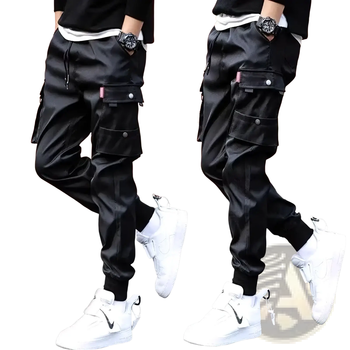 Men cargo pants in black satin with multiple pockets and a drawstring waist for casual wear and jogging
