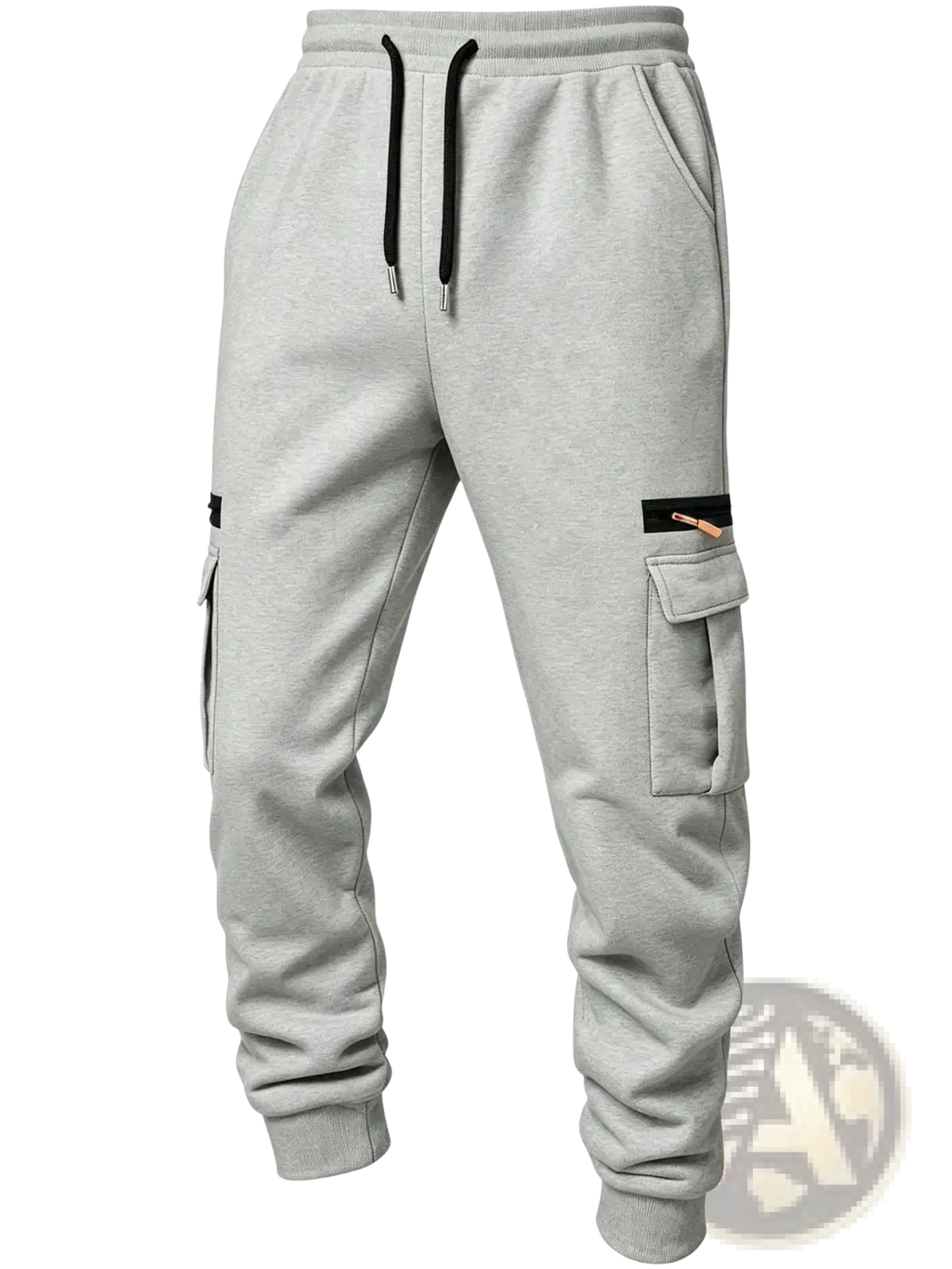Gray heathered men cargo pants with black drawstrings and zippered cargo pockets for casual wear