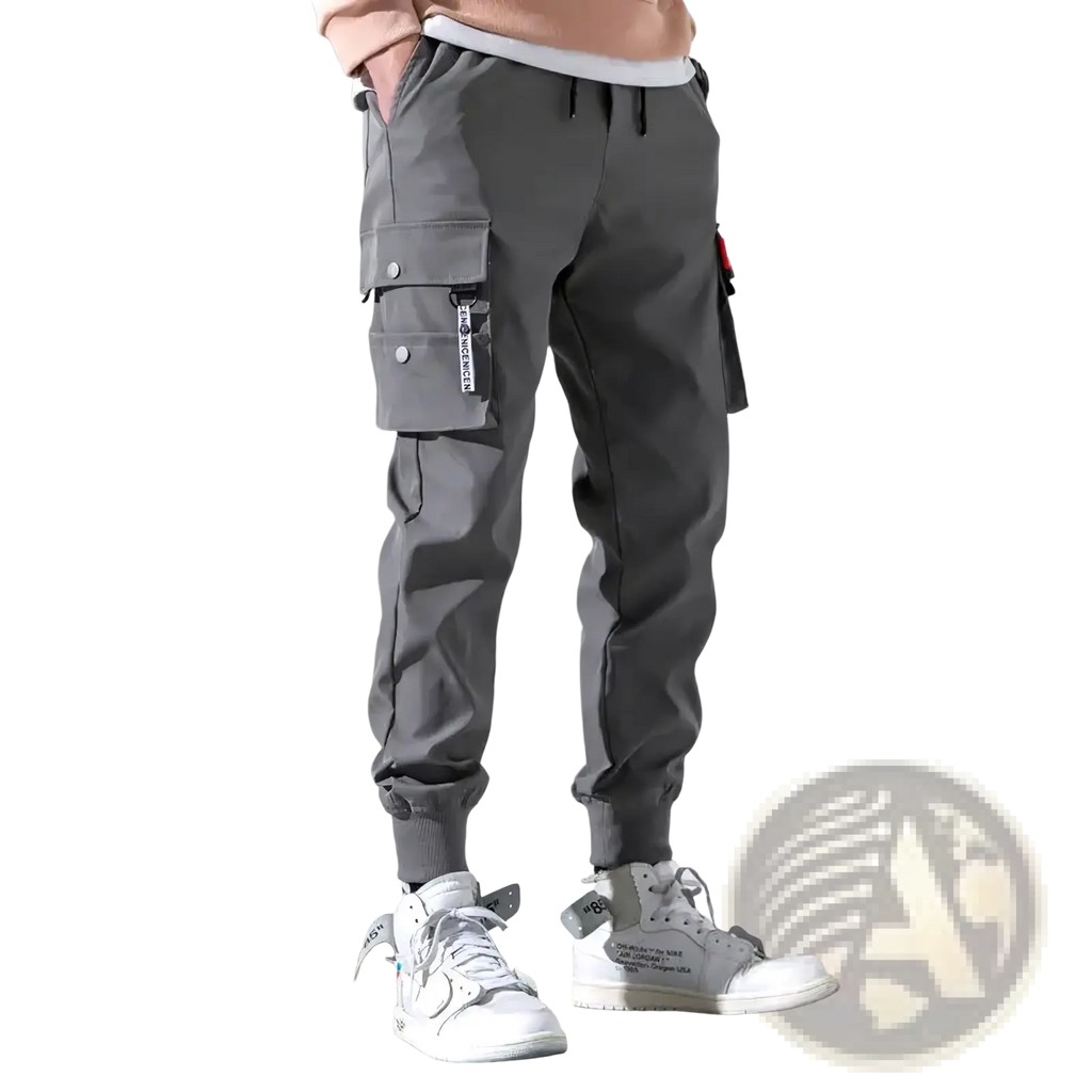 Men cargo pants multi pocket casual joggers in gray with elastic cuffs and drawstring waistband for comfortable wear