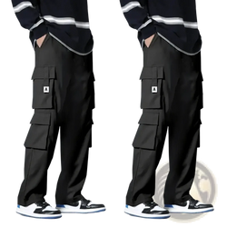 Men cargo pants in black featuring multiple pockets and a white a logo on the thigh pocket for workwear use