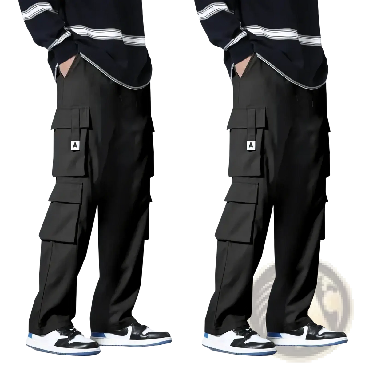 Men cargo pants in black featuring multiple pockets and a white a logo on the thigh pocket for workwear use