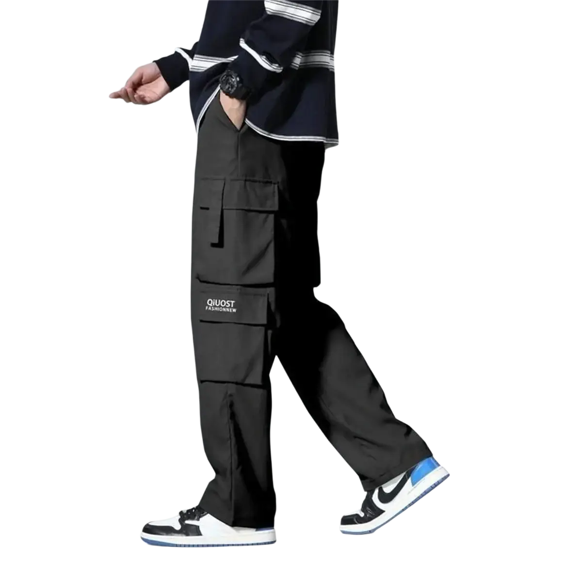 Men black cargo pants with multiple pockets and qiuost fashionnew logo for versatile workwear trousers