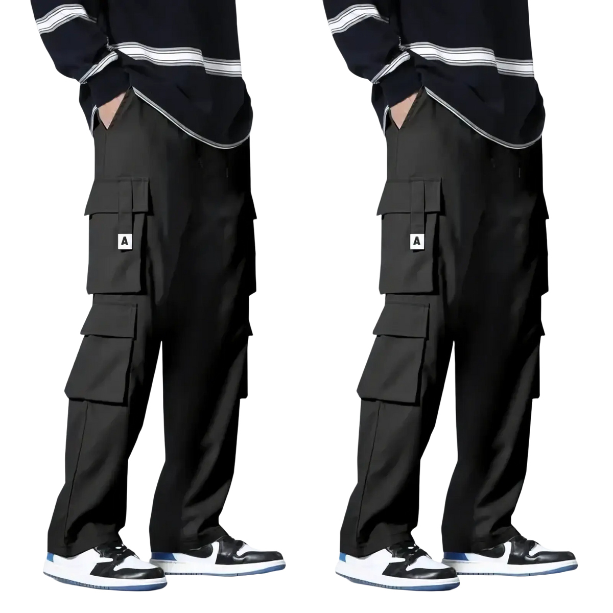 Men cargo pants in black featuring multiple pockets and a white a logo on the thigh pocket for workwear use