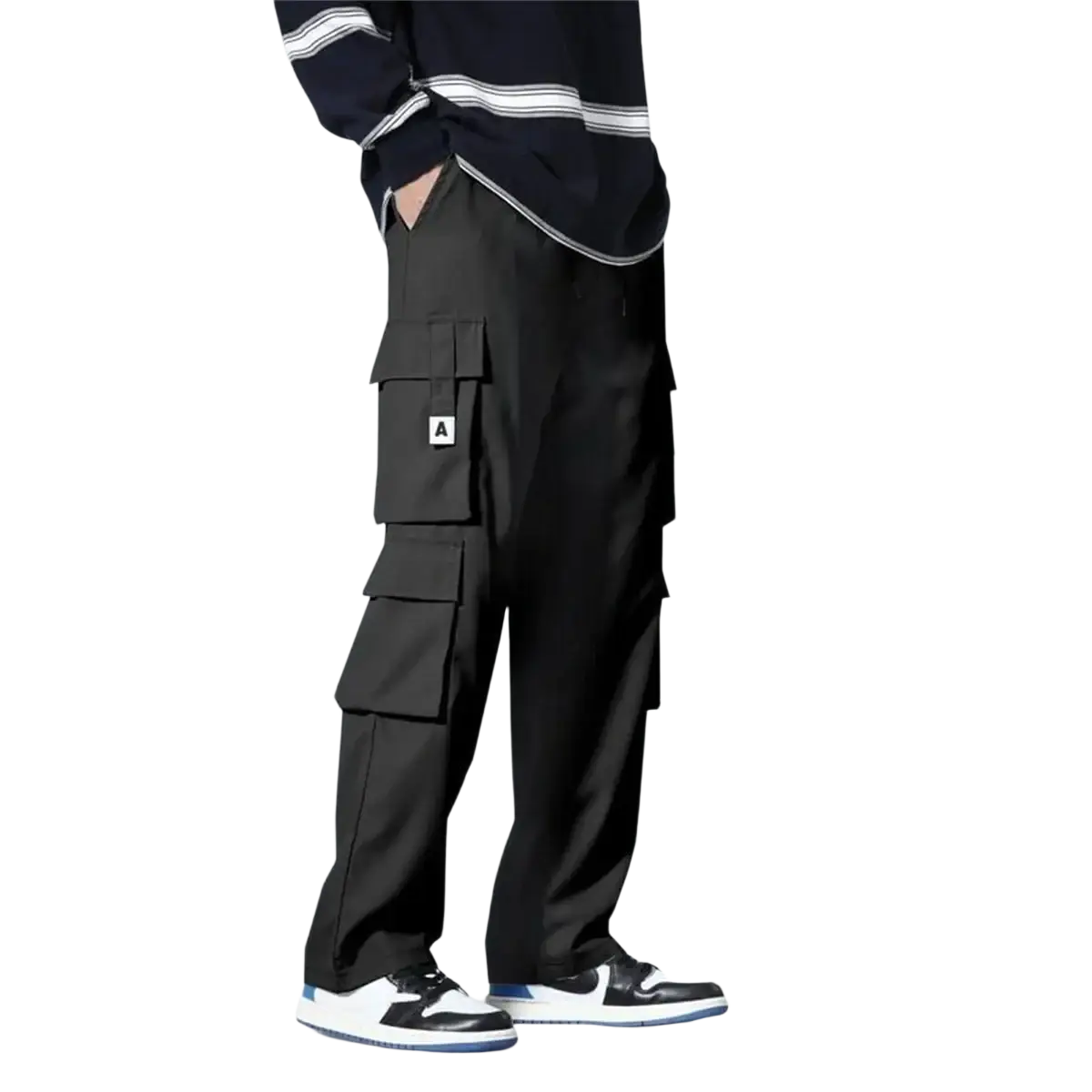 Black cargo pants with multiple pockets and a small white logo patch designed for workwear use