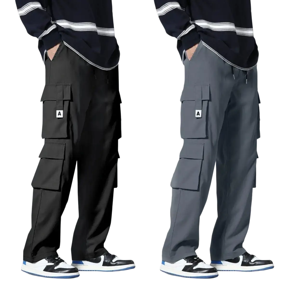 Men cargo pants black and gray with multiple pockets and white a logo patches designed for workwear use