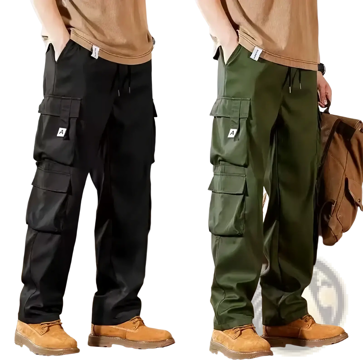 Men cargo pants in black and olive green with multiple pockets made of durable fabric for workwear use