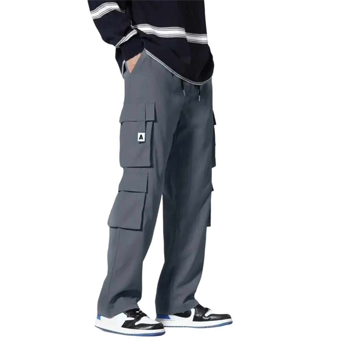 Men cargo pants in dark gray with multiple pockets and a small white logo patch on the thigh for workwear use