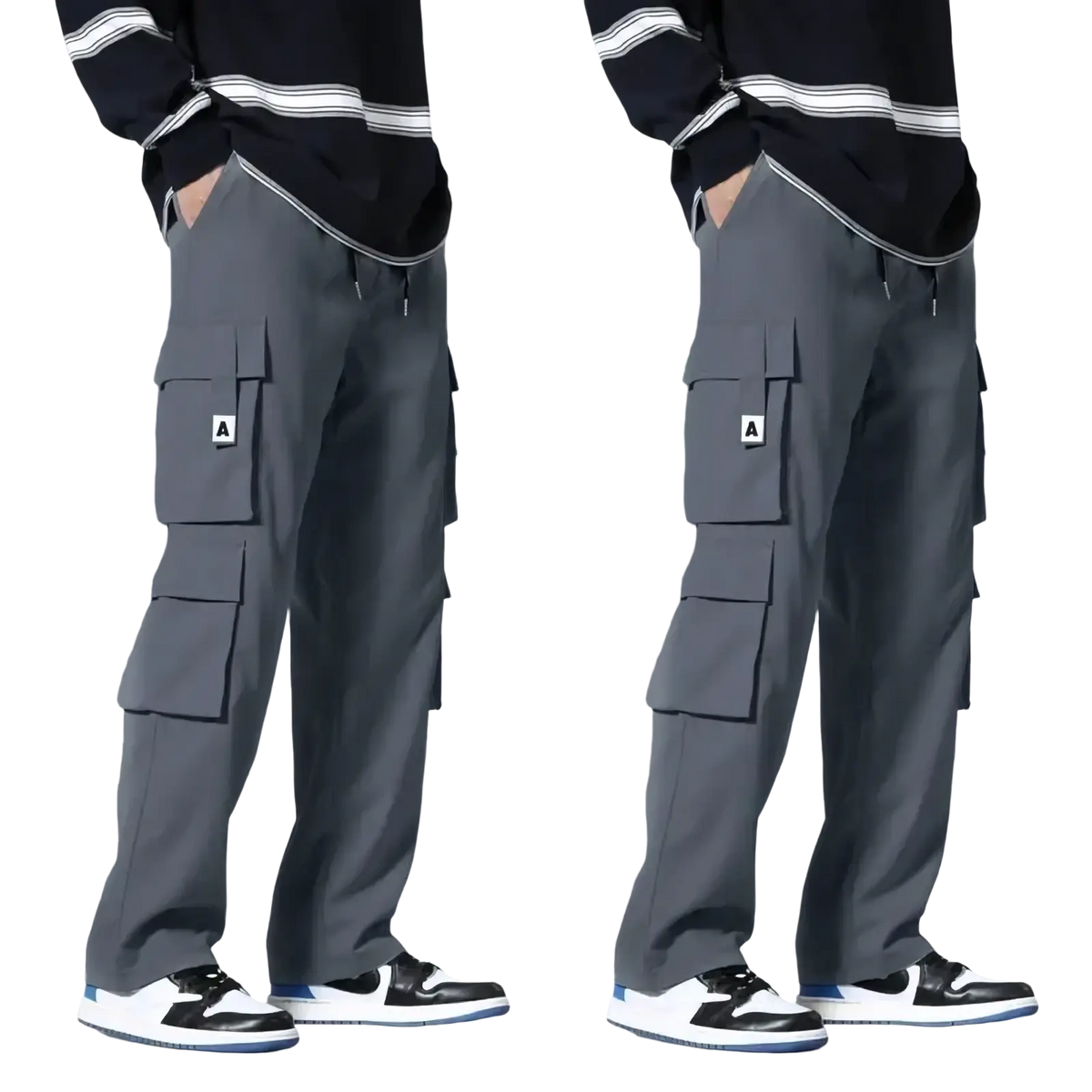 Men gray cargo pants with multiple pockets and a small white a logo on the thigh for workwear use