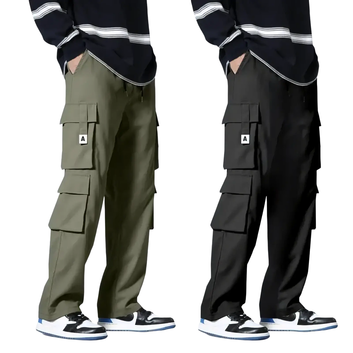 Men cargo pants in olive and black featuring multiple flap pockets with white a patches for durable workwear use