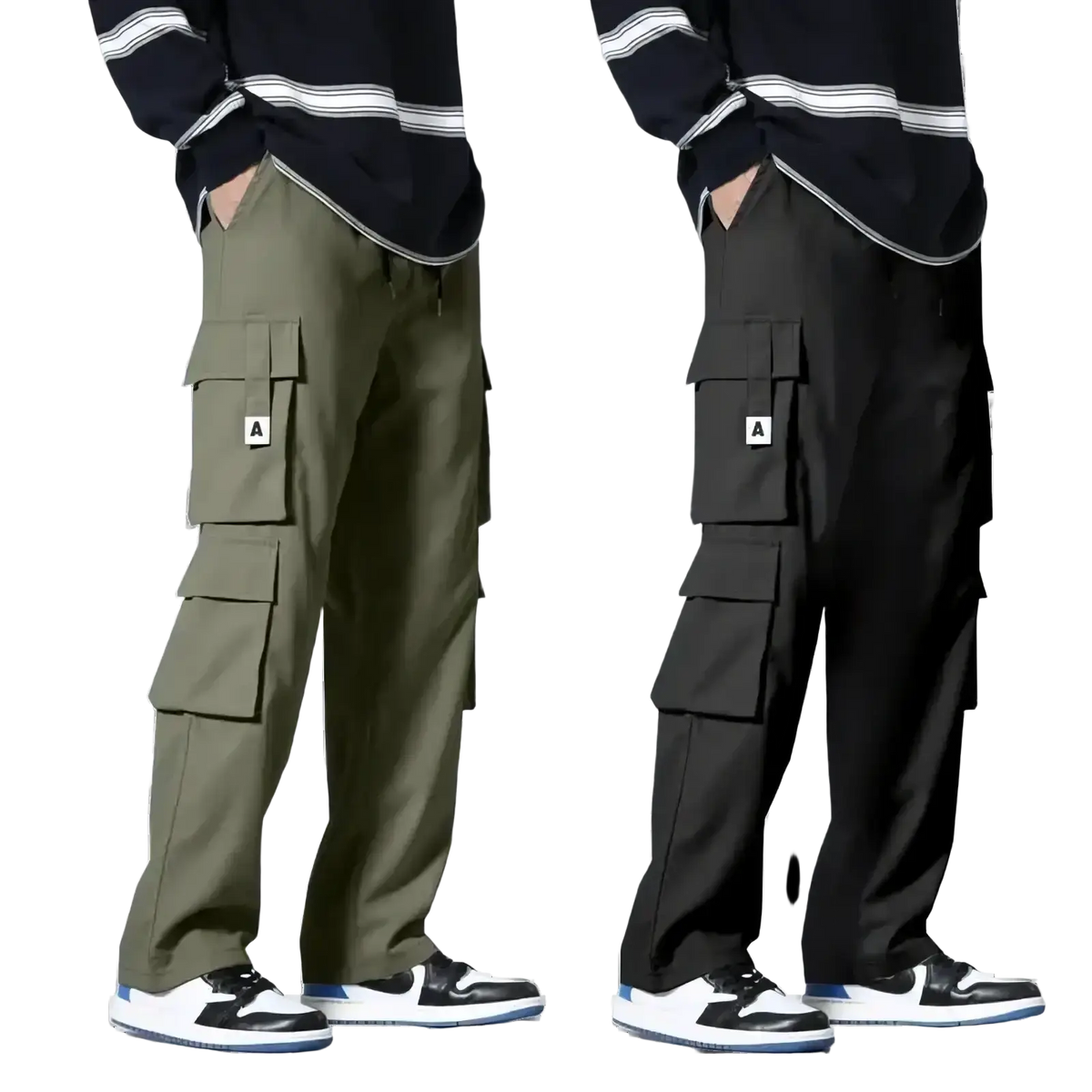 Men cargo pants in olive and black with multiple pockets featuring small white a patches for workwear use