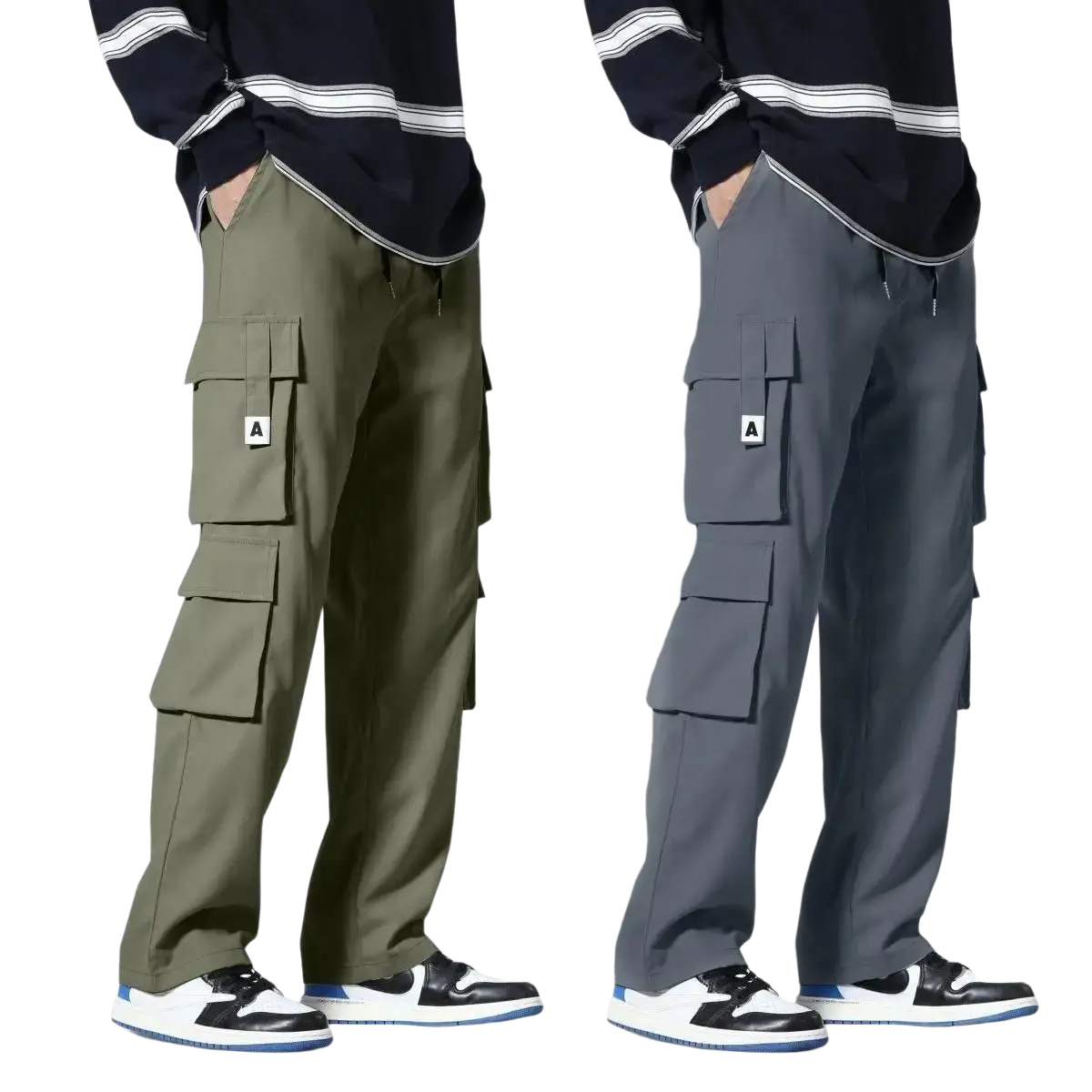 Men cargo pants in olive and gray with multiple pockets and white labels on thigh pockets for workwear use