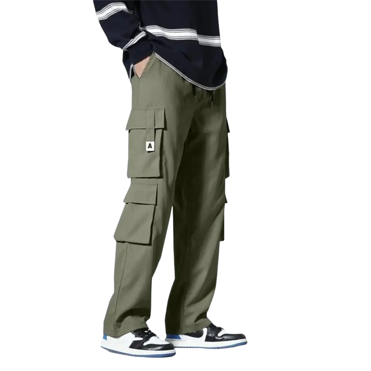 Olive green men cargo pants with multiple flap pockets and a small white label on the thigh for workwear use