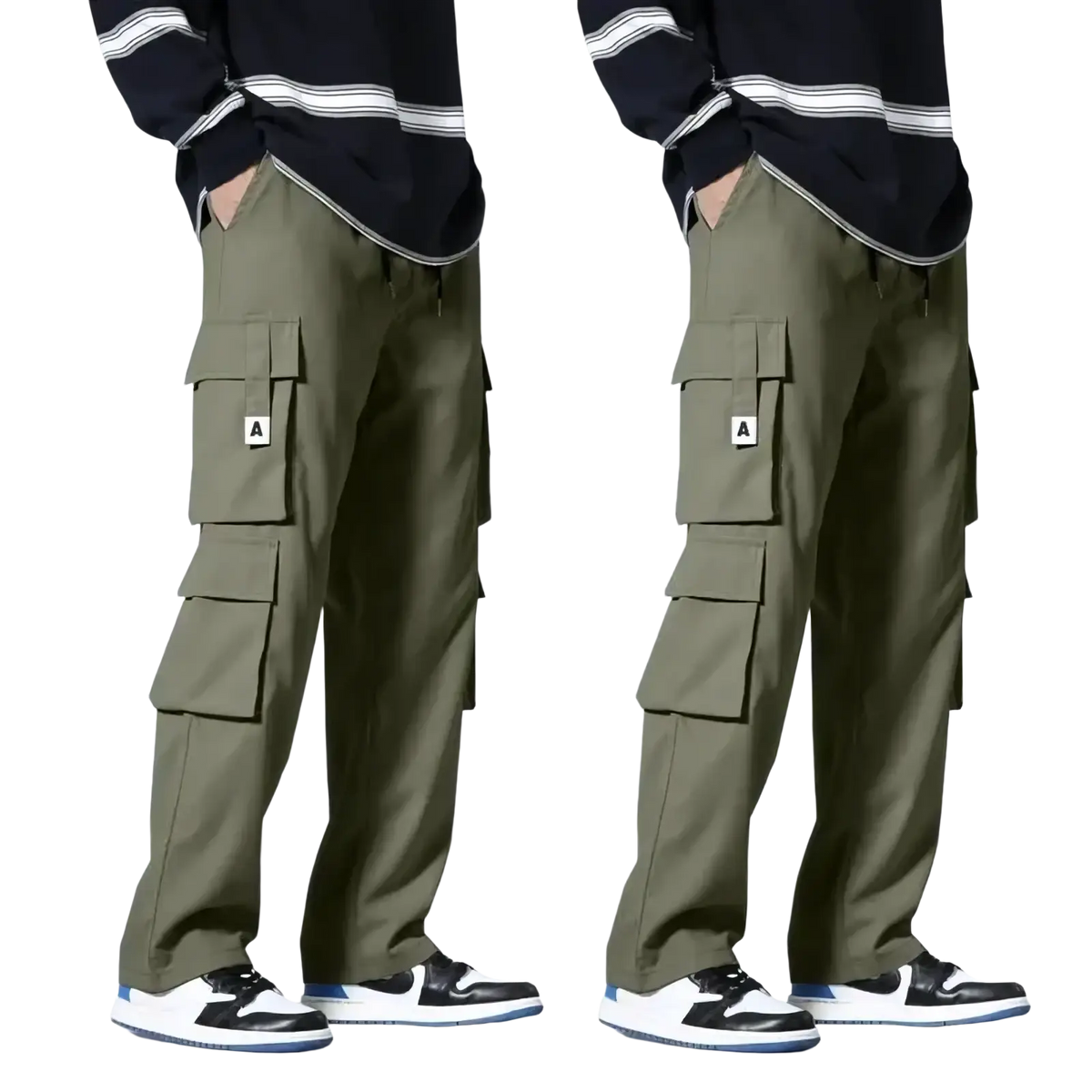 Olive green men cargo pants with multiple flap pockets and a small white a patch on the thigh for workwear use