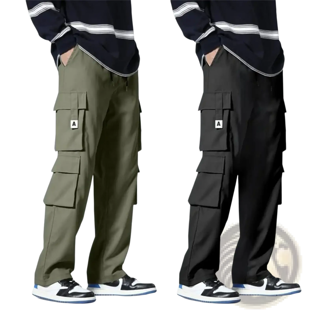 Men cargo pants in olive green and black with multiple flap pockets featuring white square patches for workwear use