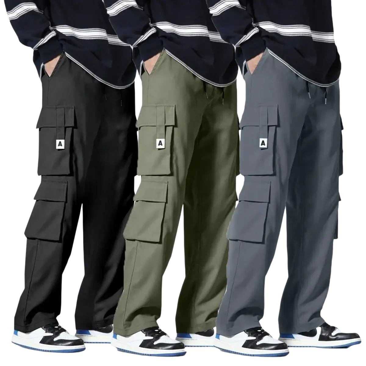 Three pairs of men cargo pants in black olive green and gray with large flap pockets and white a logo patch
