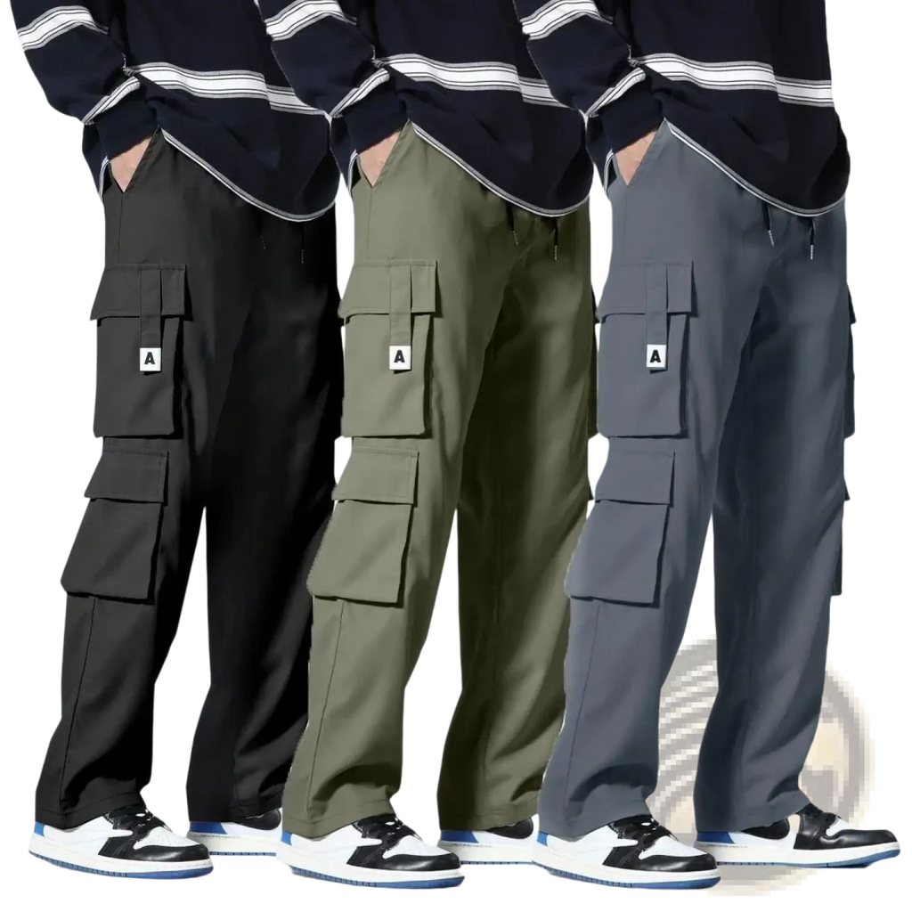 Three pairs of men cargo pants in black olive green and gray with large flap pockets and white a logo patch