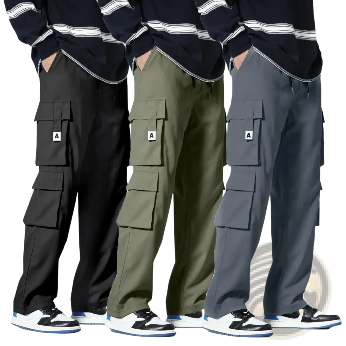 Three pairs of men cargo pants in black olive green and gray with large flap pockets and white a logo patch