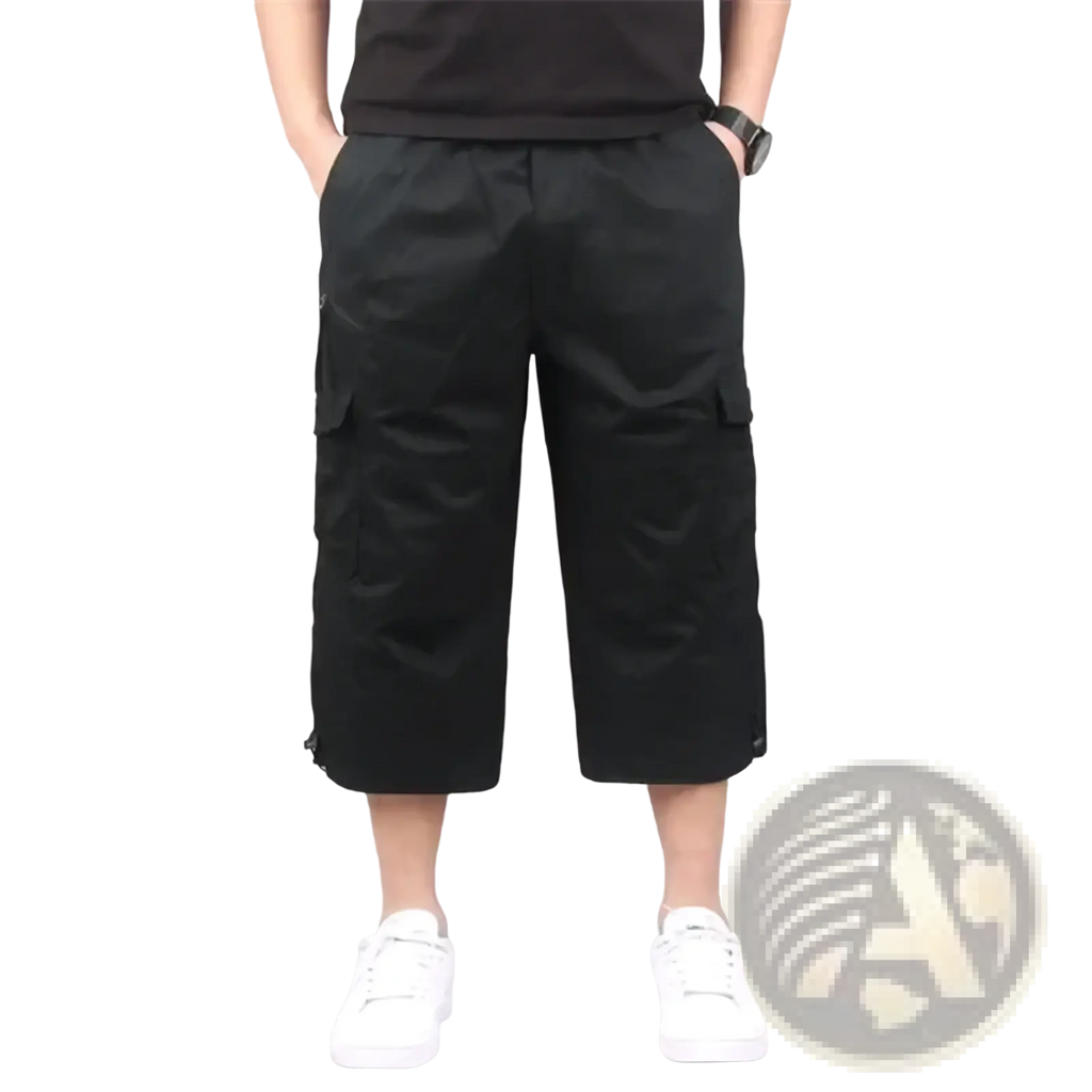 Black men cargo shorts casual summer multi pocket cotton with relaxed fit and multiple functional pockets visible