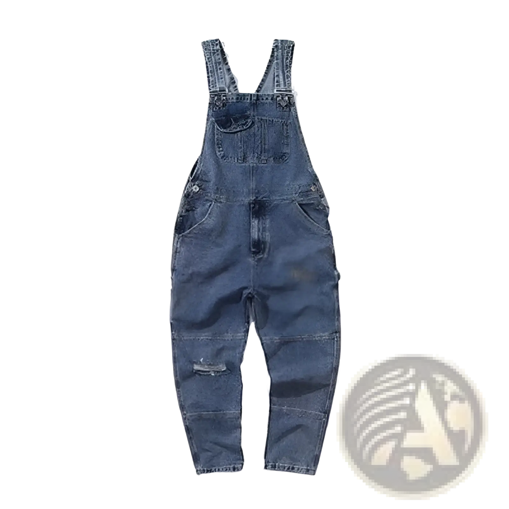 Men cargo suspender jumpsuit in blue denim with faded wash and distressed details made of durable cotton fabric