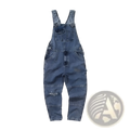 Men cargo suspender jumpsuit in blue denim with faded wash and distressed details made of durable cotton fabric