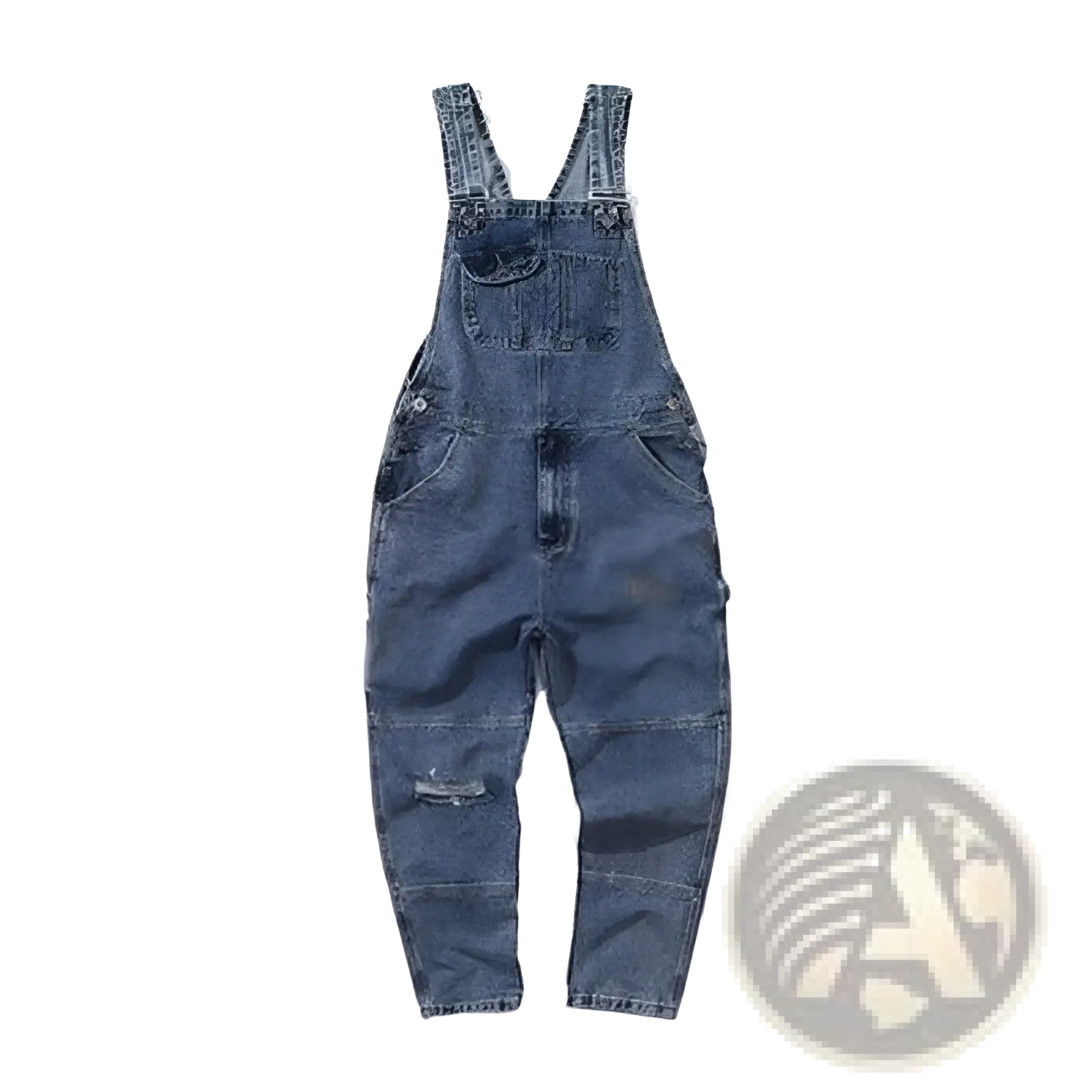 Men cargo suspender jumpsuit in blue denim with faded wash and distressed details made of durable cotton fabric
