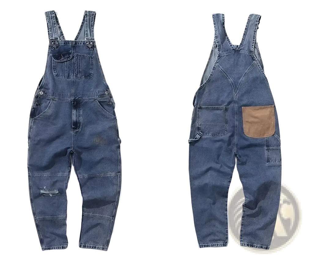 Back side of men cargo suspender jumpsuit in blue distressed denim with a tan patch pocket on the back