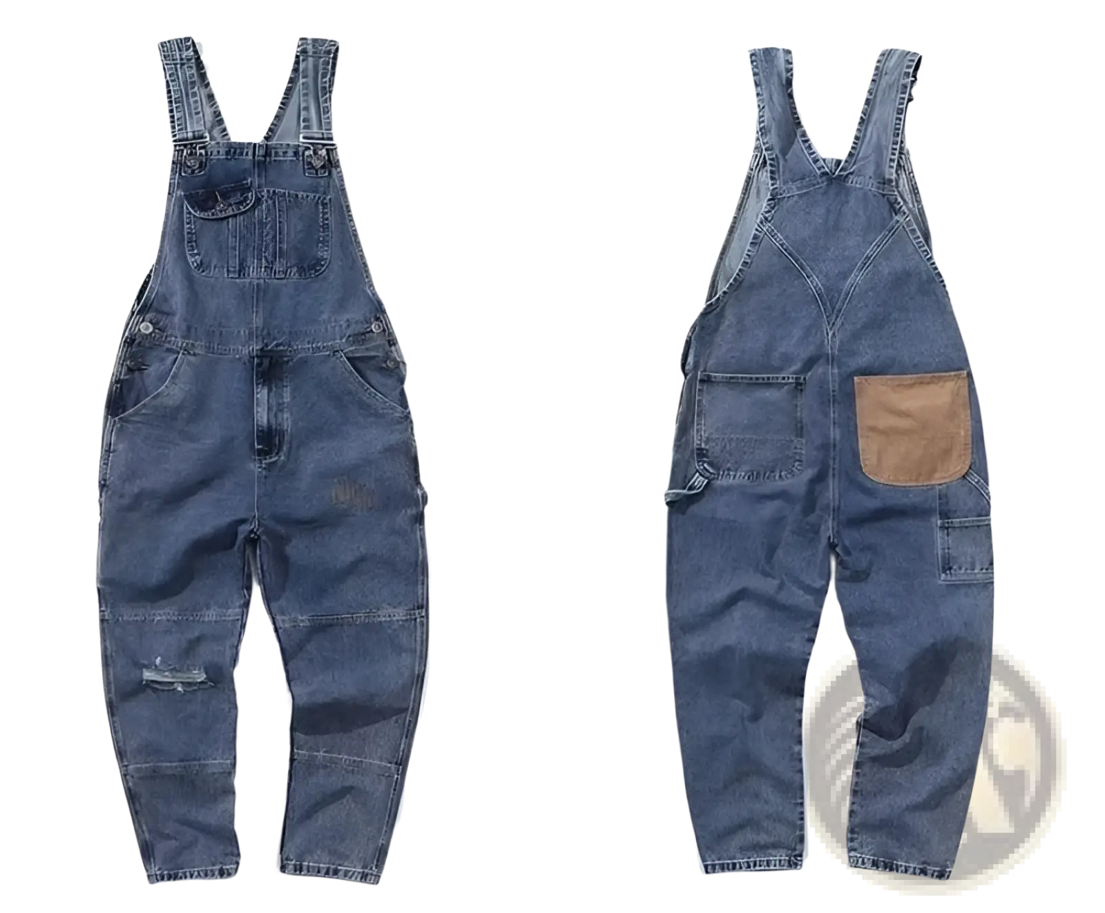 Back side of men cargo suspender jumpsuit in blue distressed denim with a tan patch pocket on the back