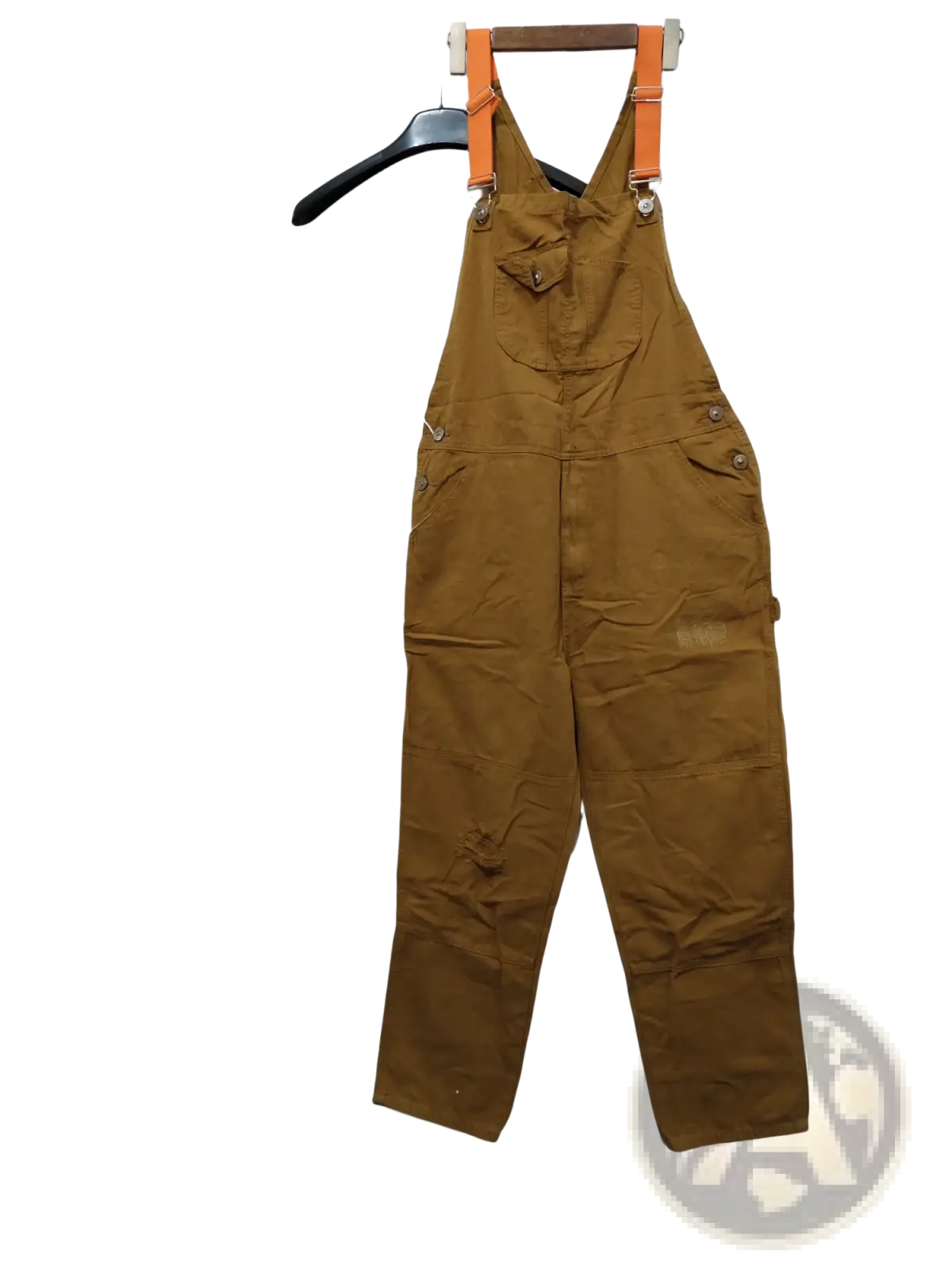 Men cargo suspender jumpsuit in brown canvas with orange suspenders and multiple functional pockets