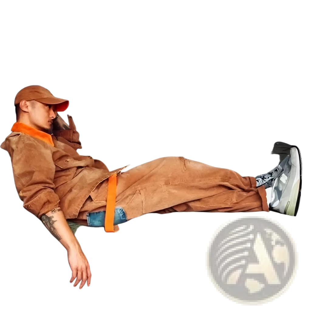 A man lounges on a green couch wearing an orange brown suede men cargo suspender jumpsuit with blue jeans underneath
