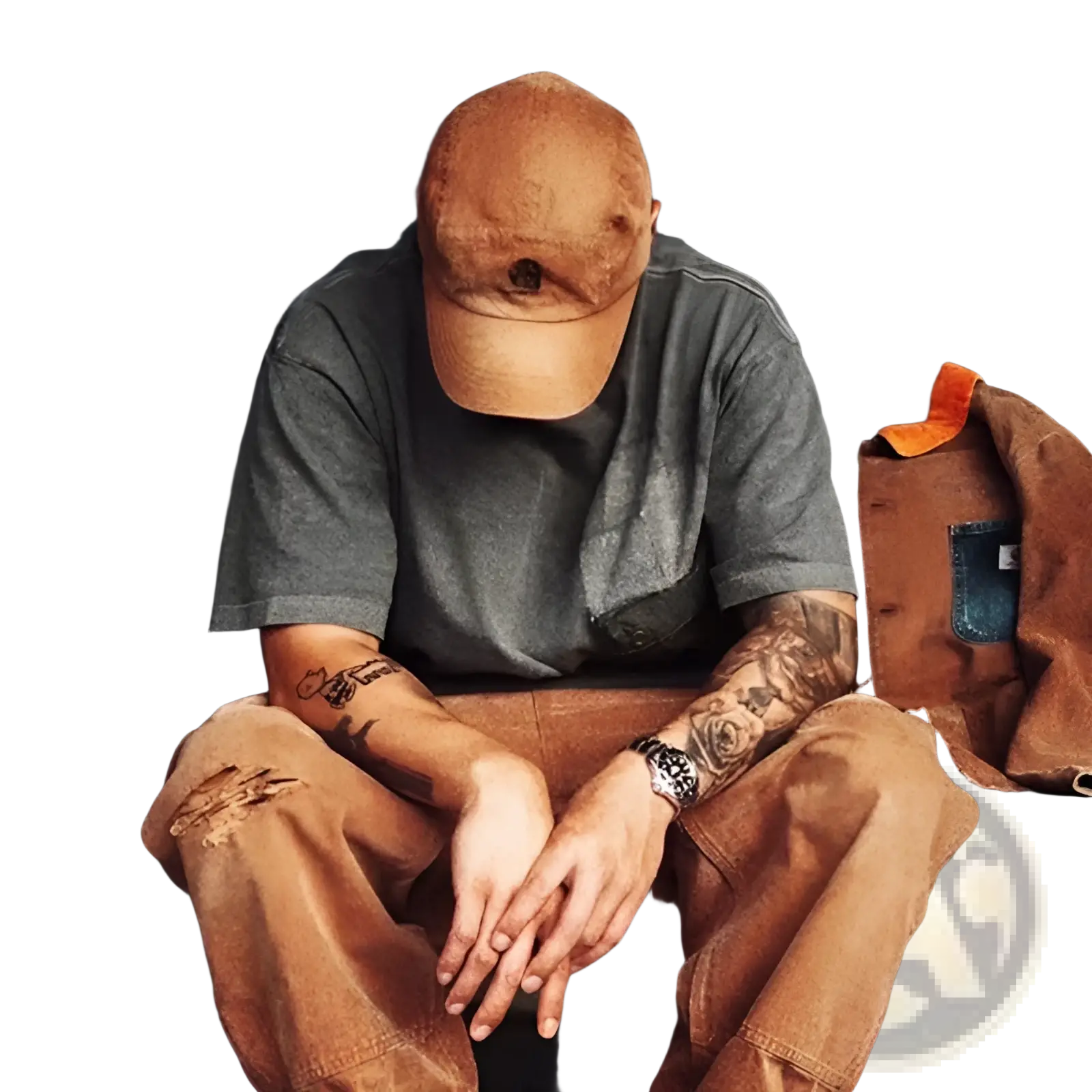 Tan corduroy baseball cap with faded texture and stitching details paired with men cargo suspender jumpsuit