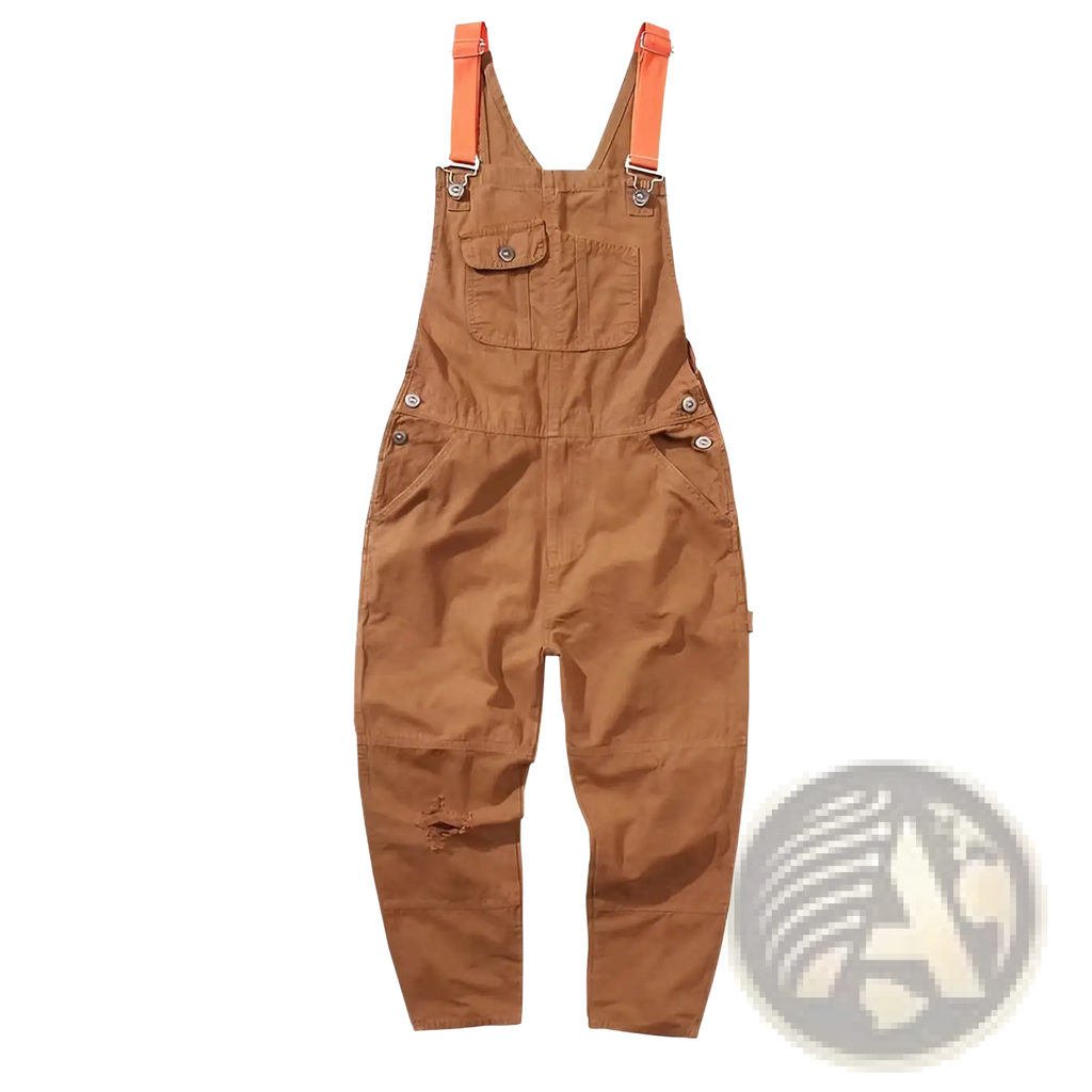 Men cargo suspender jumpsuit in tan cotton with orange suspenders and buttoned pockets for a functional style