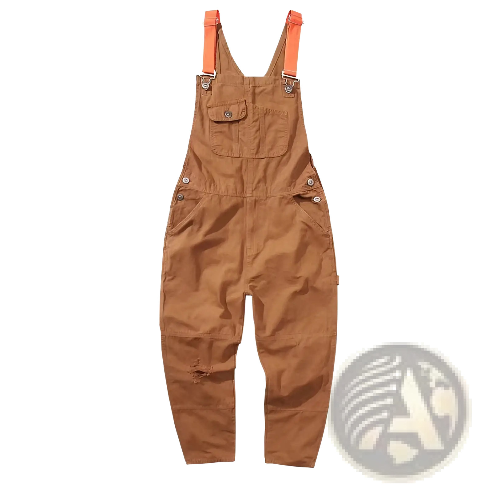 Men cargo suspender jumpsuit in tan cotton with orange suspenders and buttoned pockets for a functional style