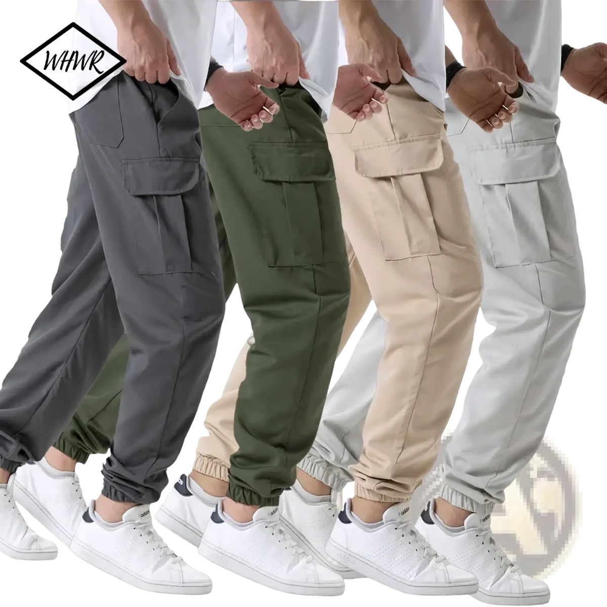 Men cargo sweatpants casual joggers in gray olive green beige and light gray with elastic cuffs for hiking and daily wear