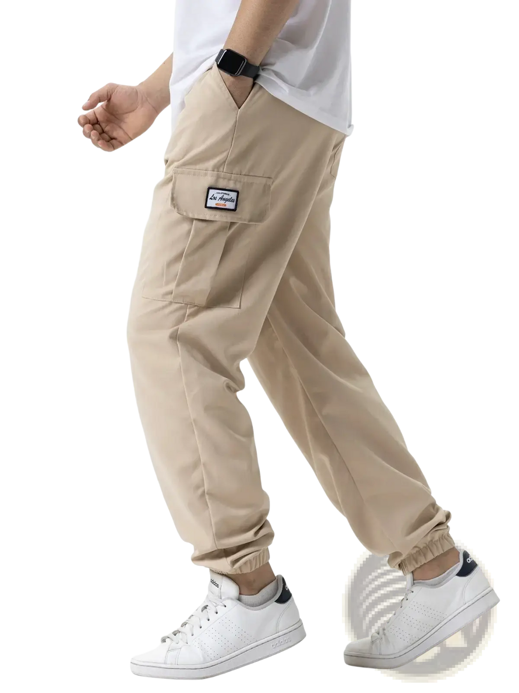 Beige men cargo sweatpants with relaxed fit, elastic cuffs, and branded patch on thigh pocket for casual hiking use