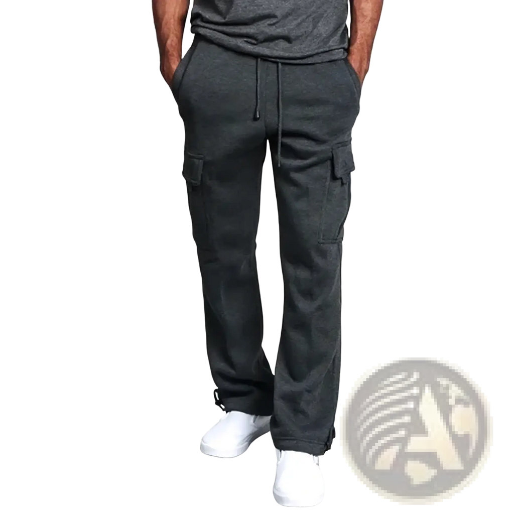 Dark gray fleece men cargo sweatpants with multiple pockets and a drawstring waistband for casual wear