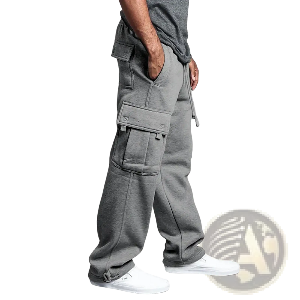 Men cargo sweatpants in gray fleece with multiple pockets and a drawstring waistband for comfortable wear