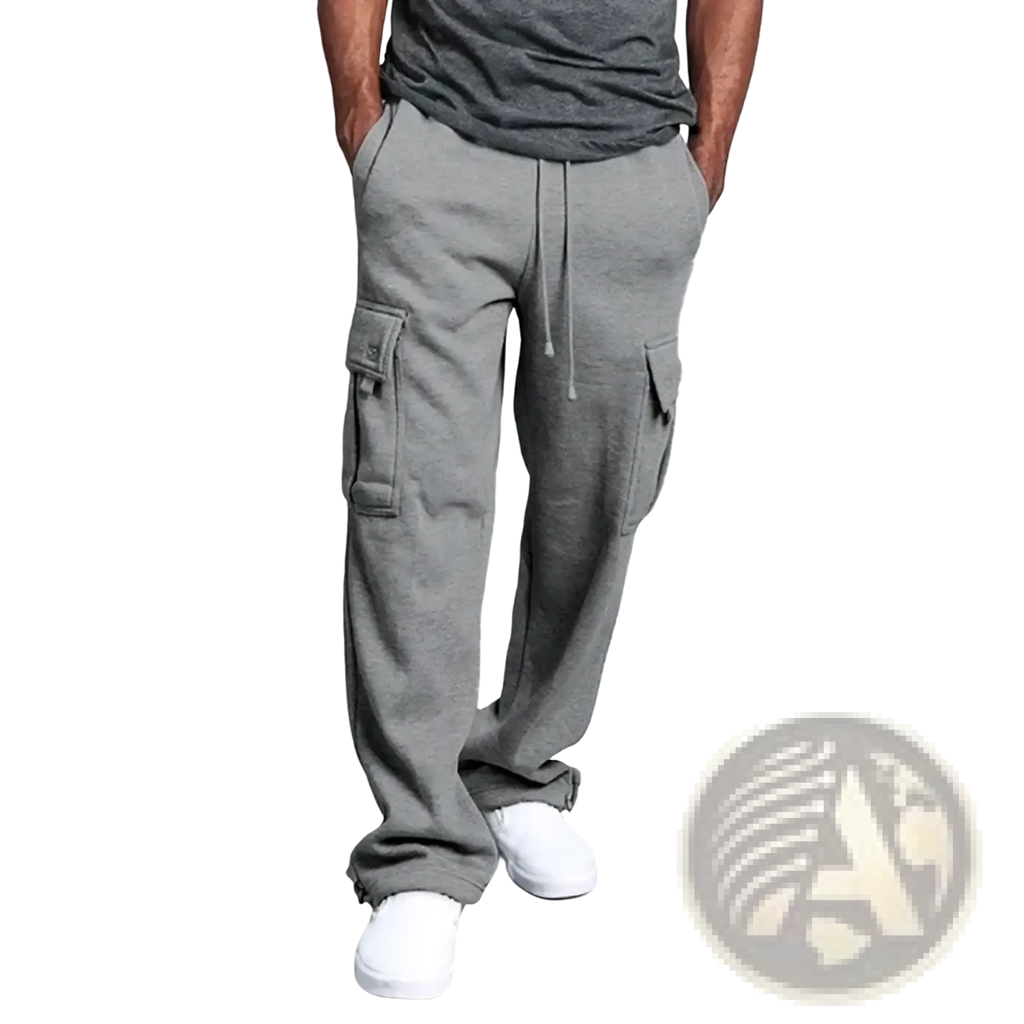 Gray fleece men cargo sweatpants featuring multiple pockets and a drawstring waistband for comfortable wear